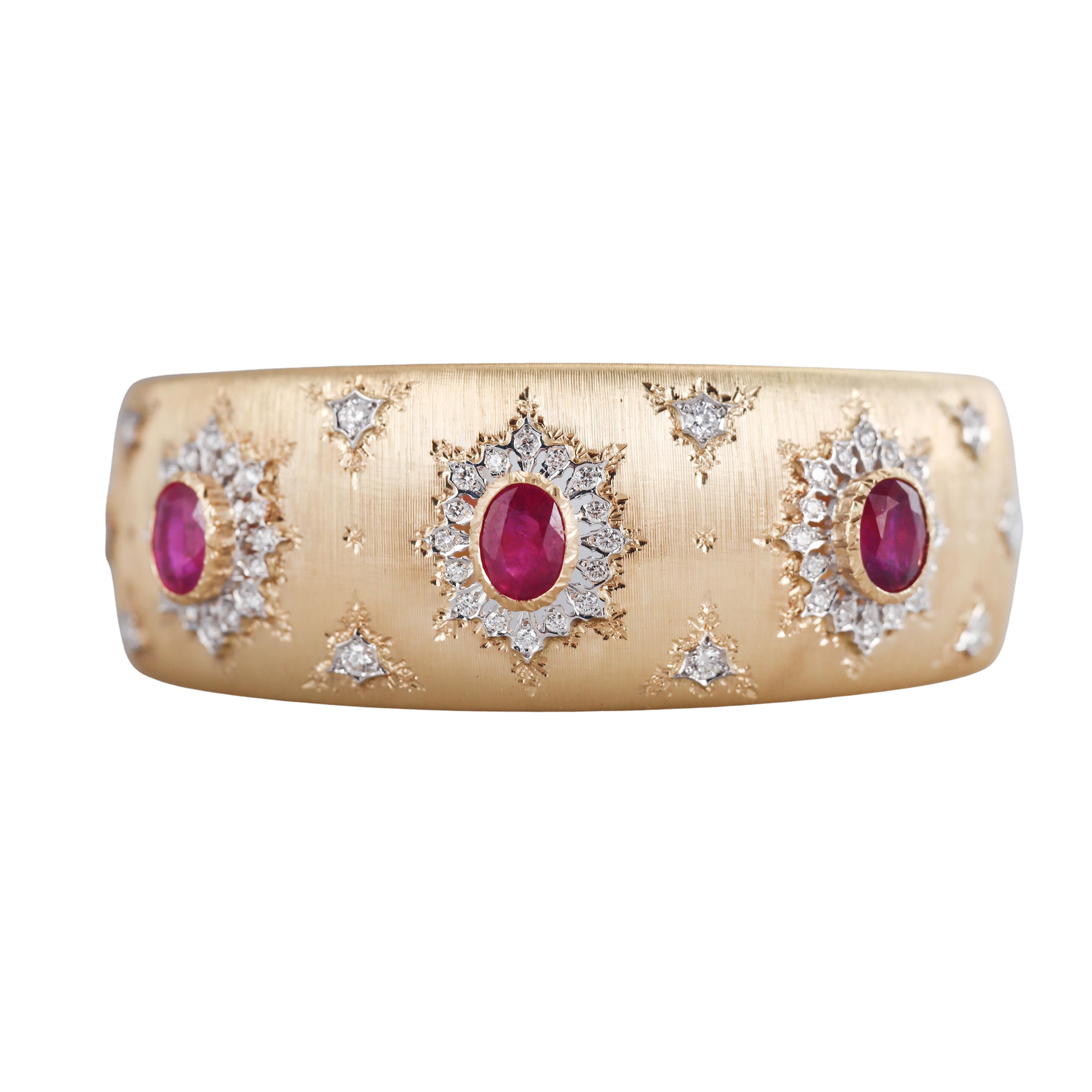 Italian Ruby Diamond Gold Classic Cuff Bracelet