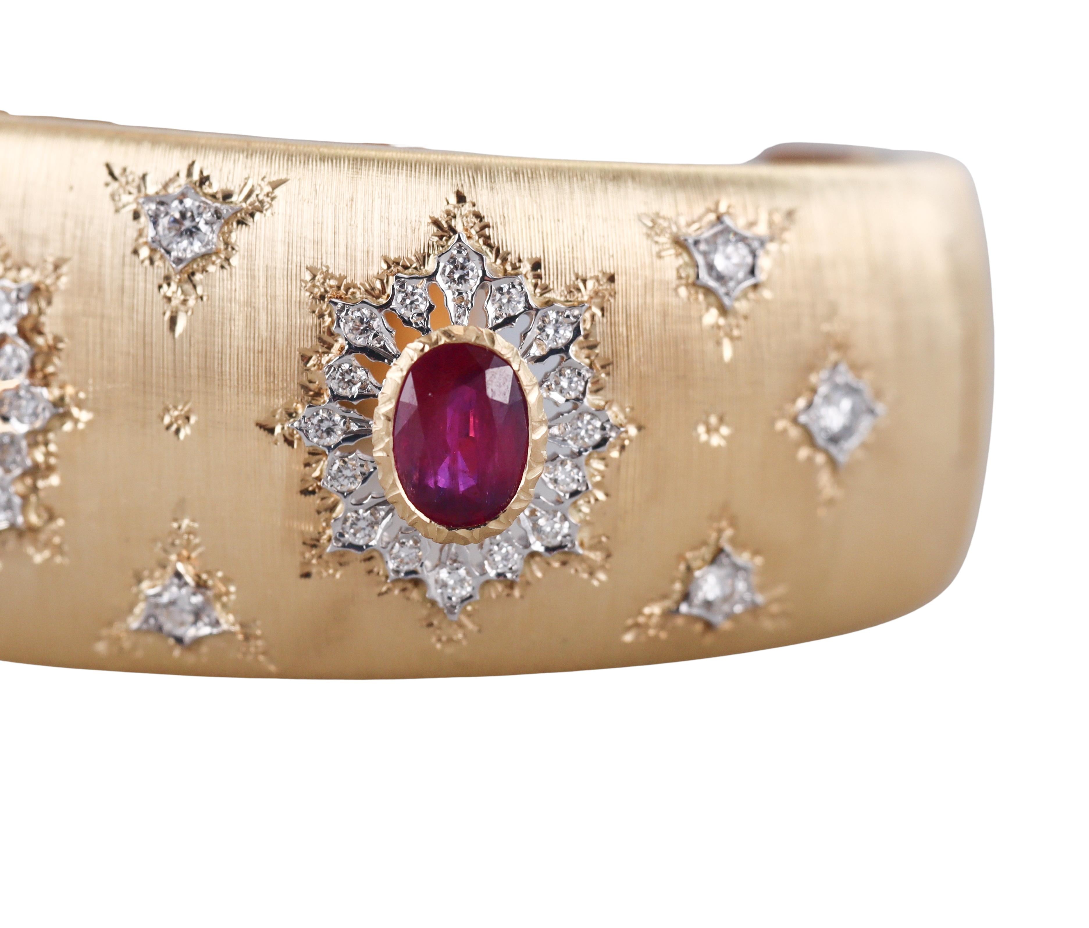 Italian Ruby Diamond Gold Classic Cuff Bracelet
