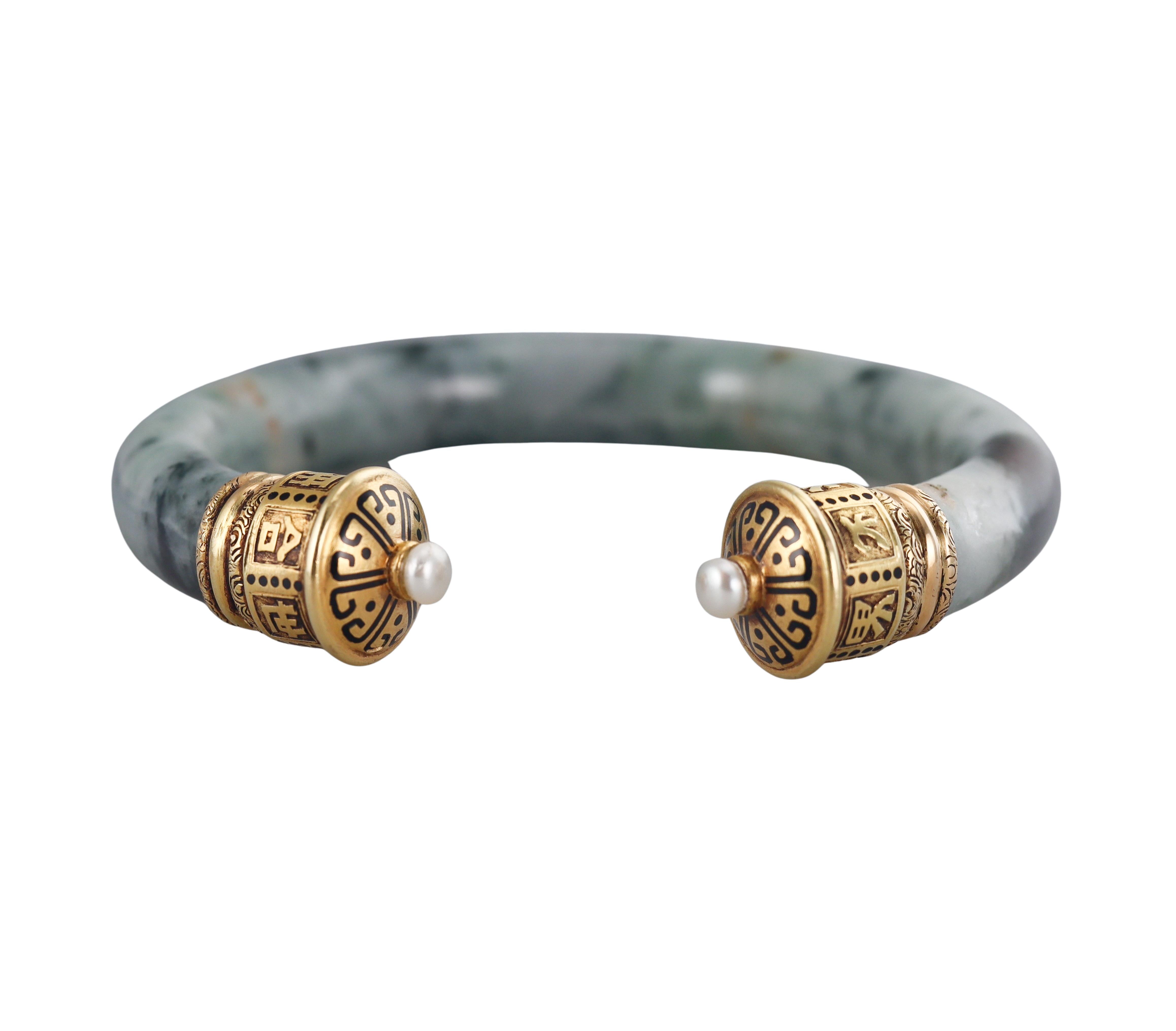 Cartier Jade Pearl Gold Cuff Bracelet