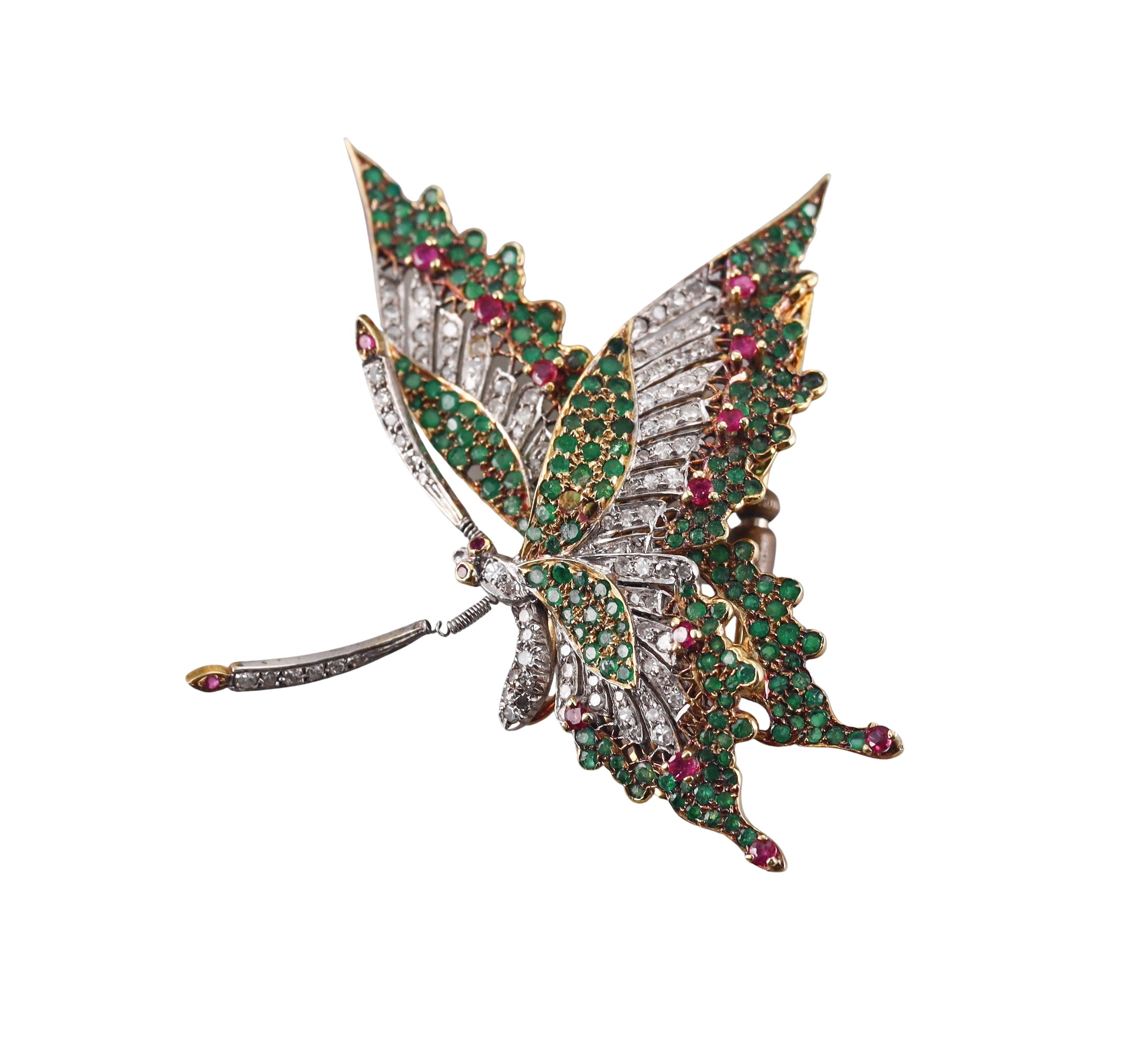 Emerald Ruby Diamond Gold En Tremblant Butterfly Brooch Pin