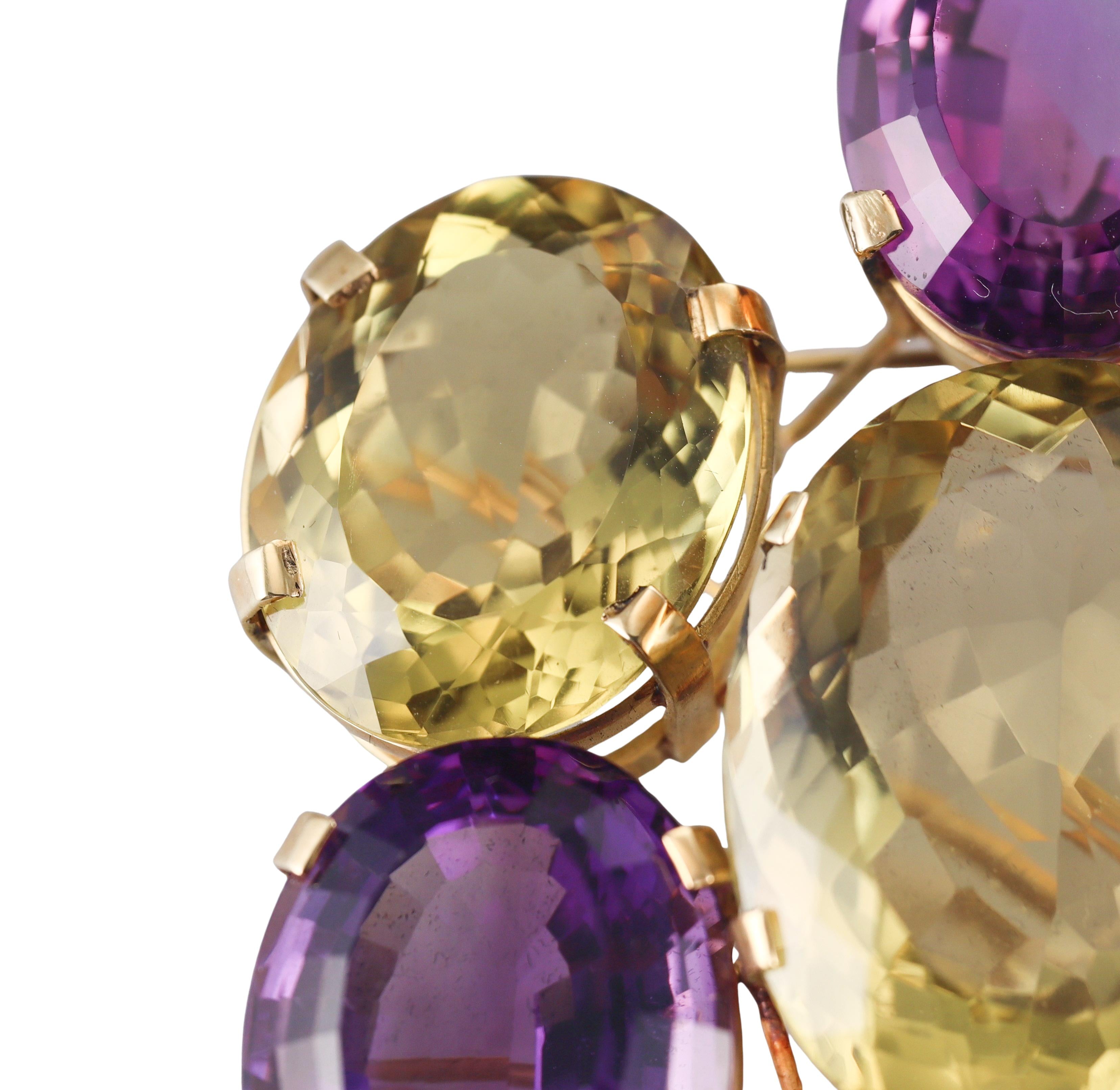 Artisanal Amethyst Citrine Pearl Gold Large Brooch Pendant