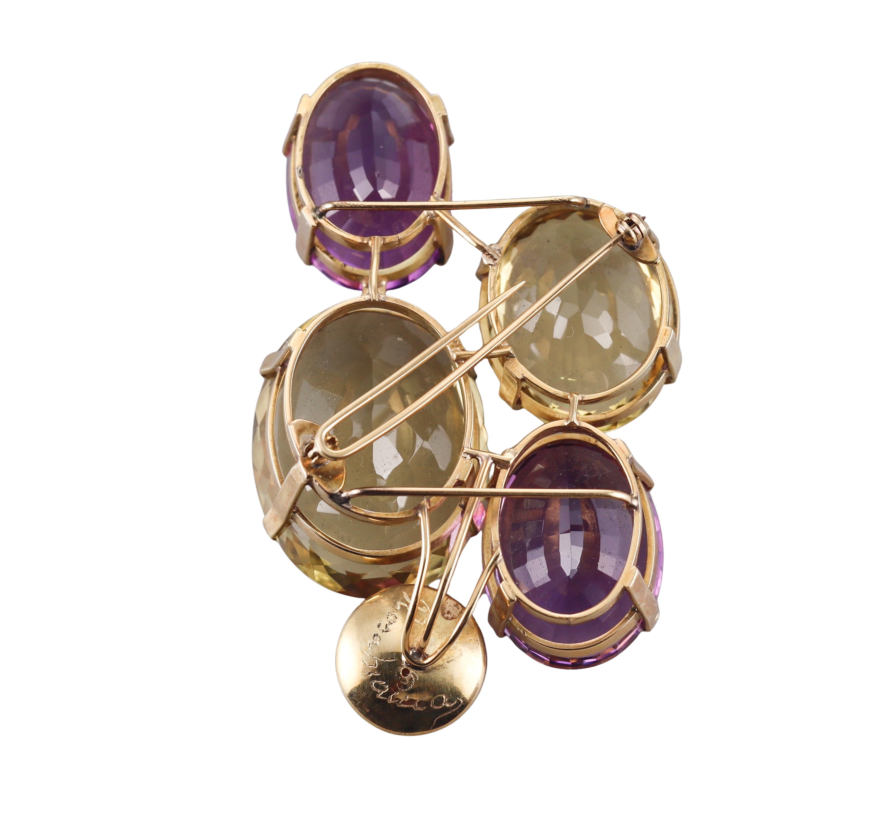 Artisanal Amethyst Citrine Pearl Gold Large Brooch Pendant