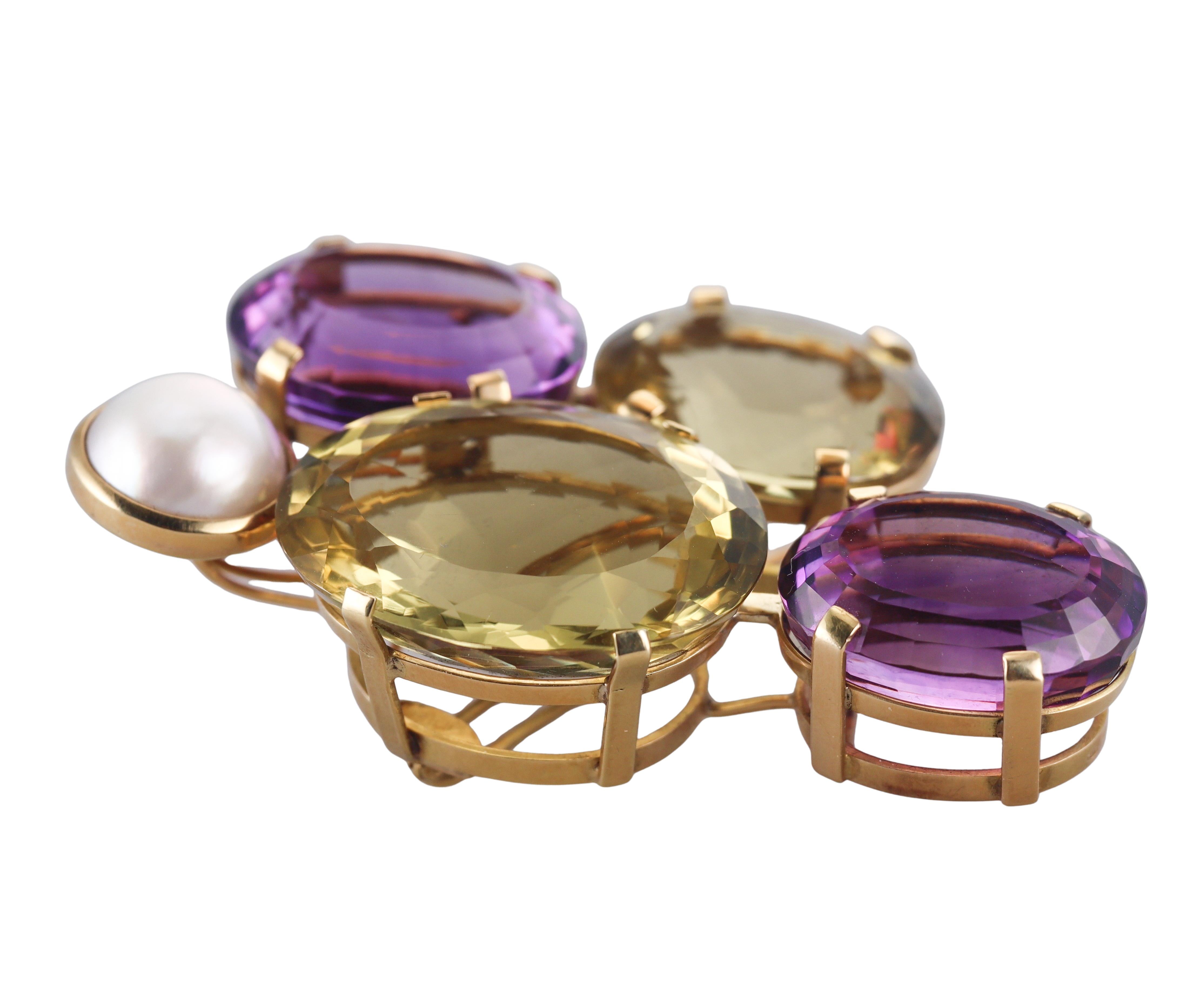 Artisanal Amethyst Citrine Pearl Gold Large Brooch Pendant