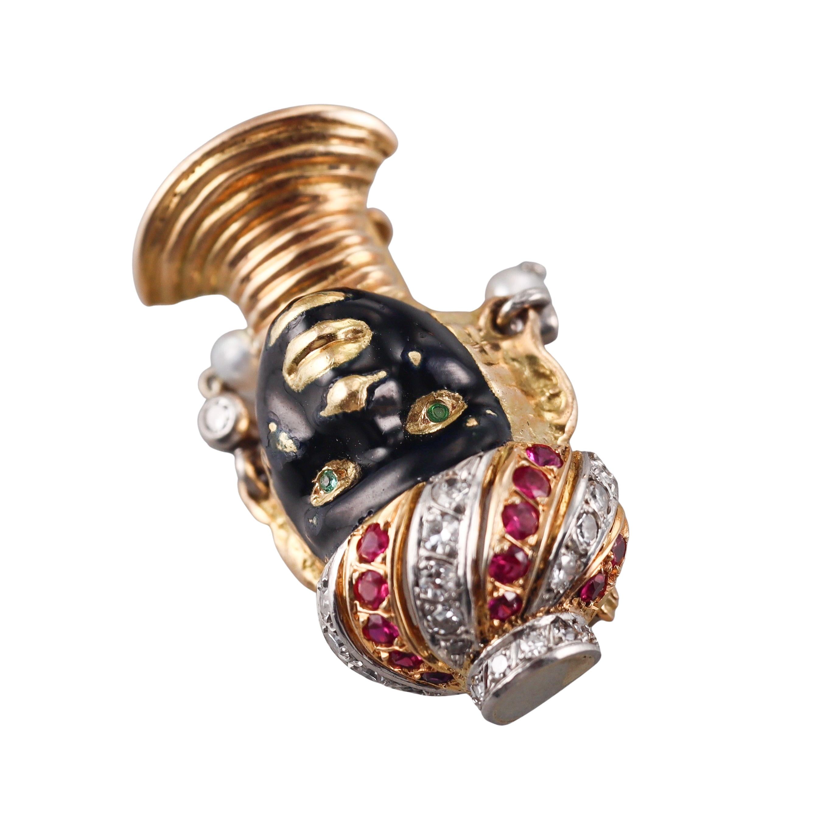 Cartier Diamond Ruby Pearl Enamel Gold Blackamoor Brooch Set