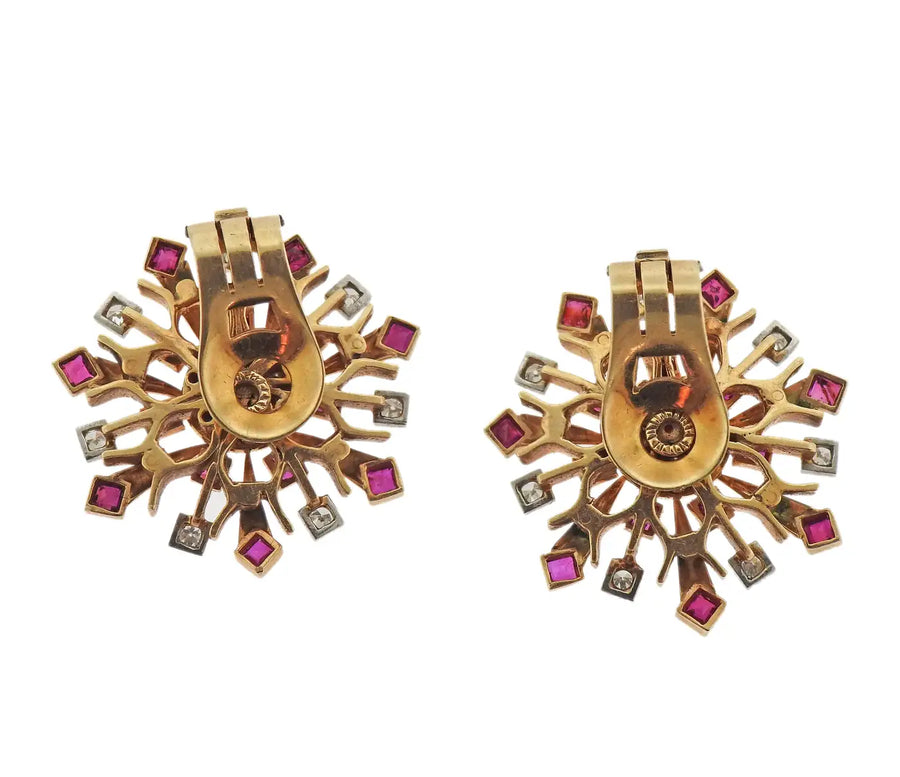 Retro 1940s Diamond Ruby Rose Gold Snowflake Earrings