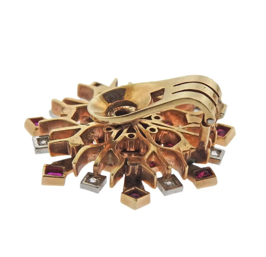 Retro 1940s Diamond Ruby Rose Gold Snowflake Earrings