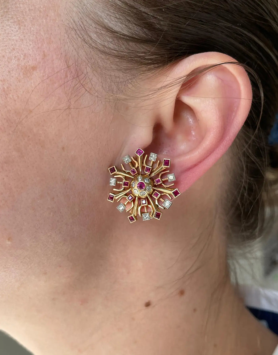 Retro 1940s Diamond Ruby Rose Gold Snowflake Earrings