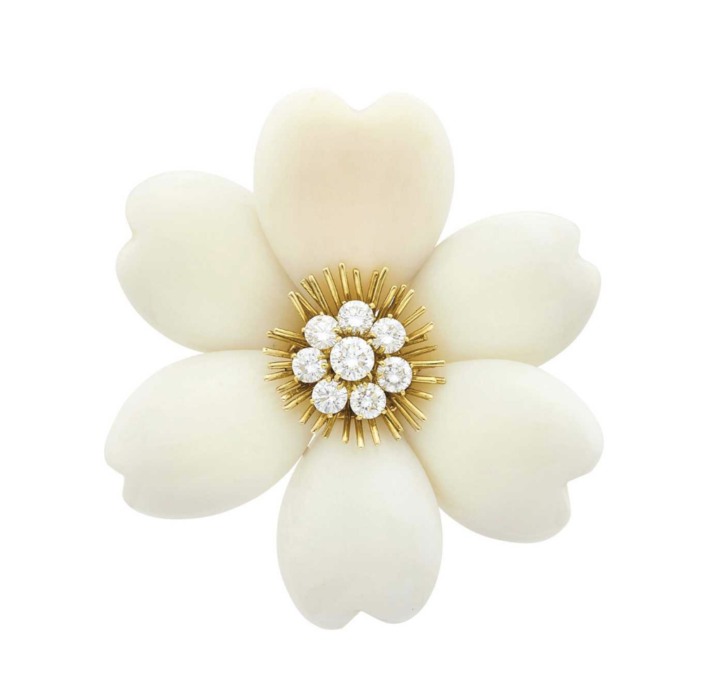 Carved White Coral, Gold and Diamond Flower Clip-Brooch