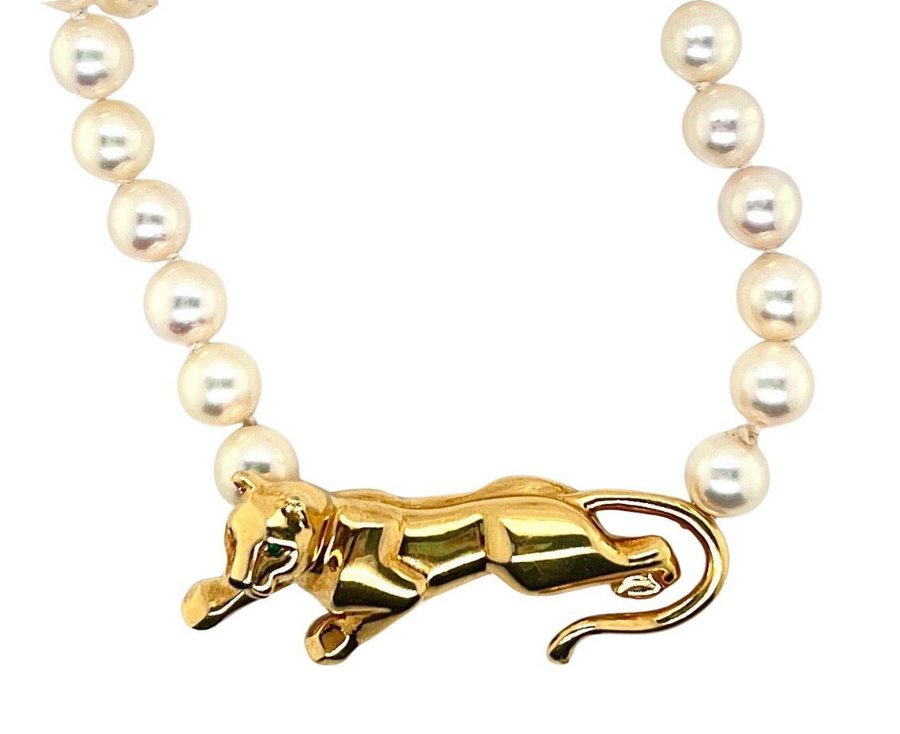 Cartier Vintage 18K Yellow Gold Panthere Emerald and Pearl Necklace