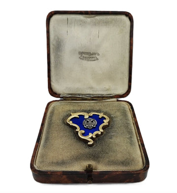 Vintage Imperial Faberge Era Gilded Silver Enamel Old Diamond Brooch