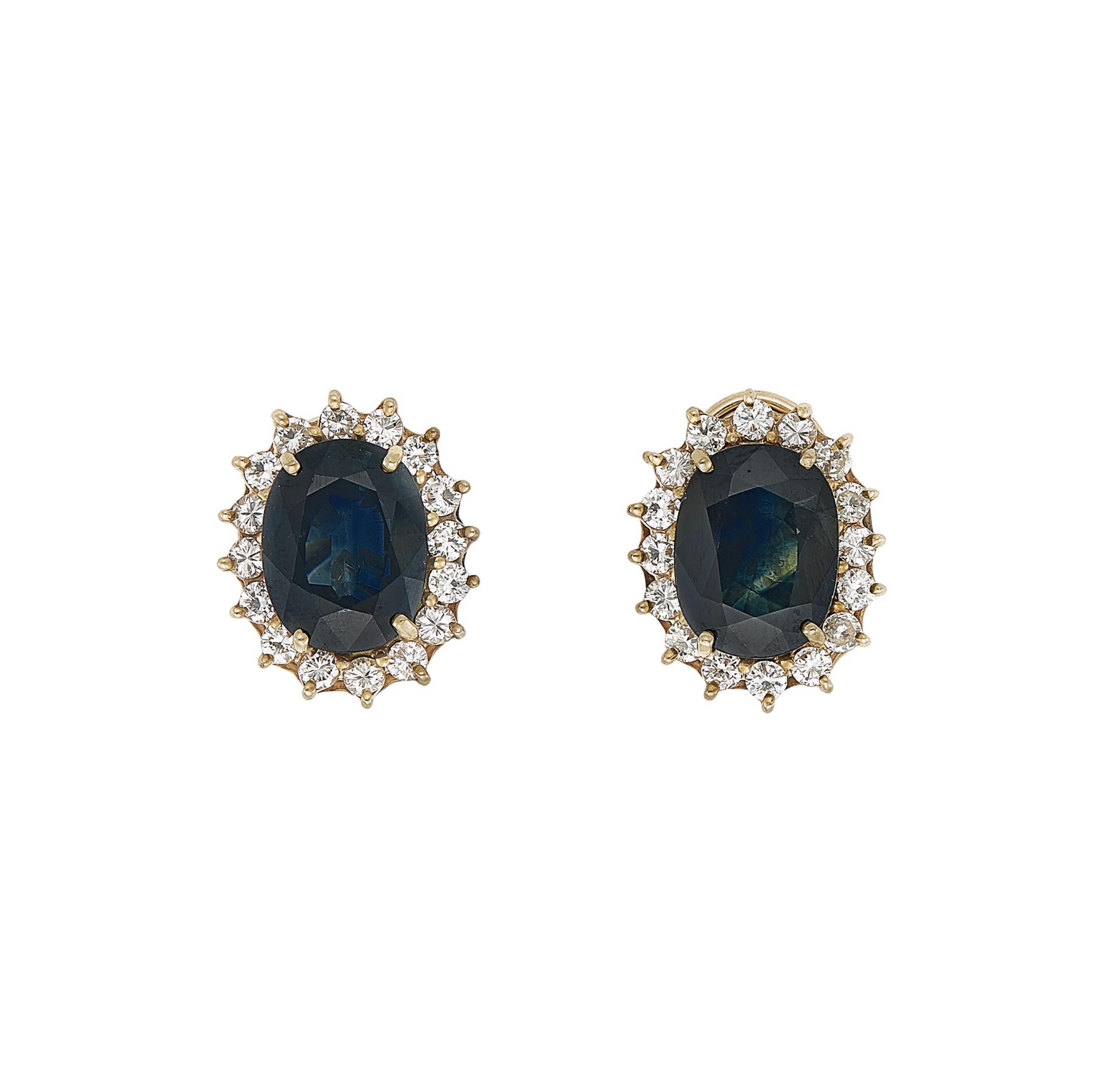 Pair of 14k Gold, Sapphire and Diamond Earrings Earclips