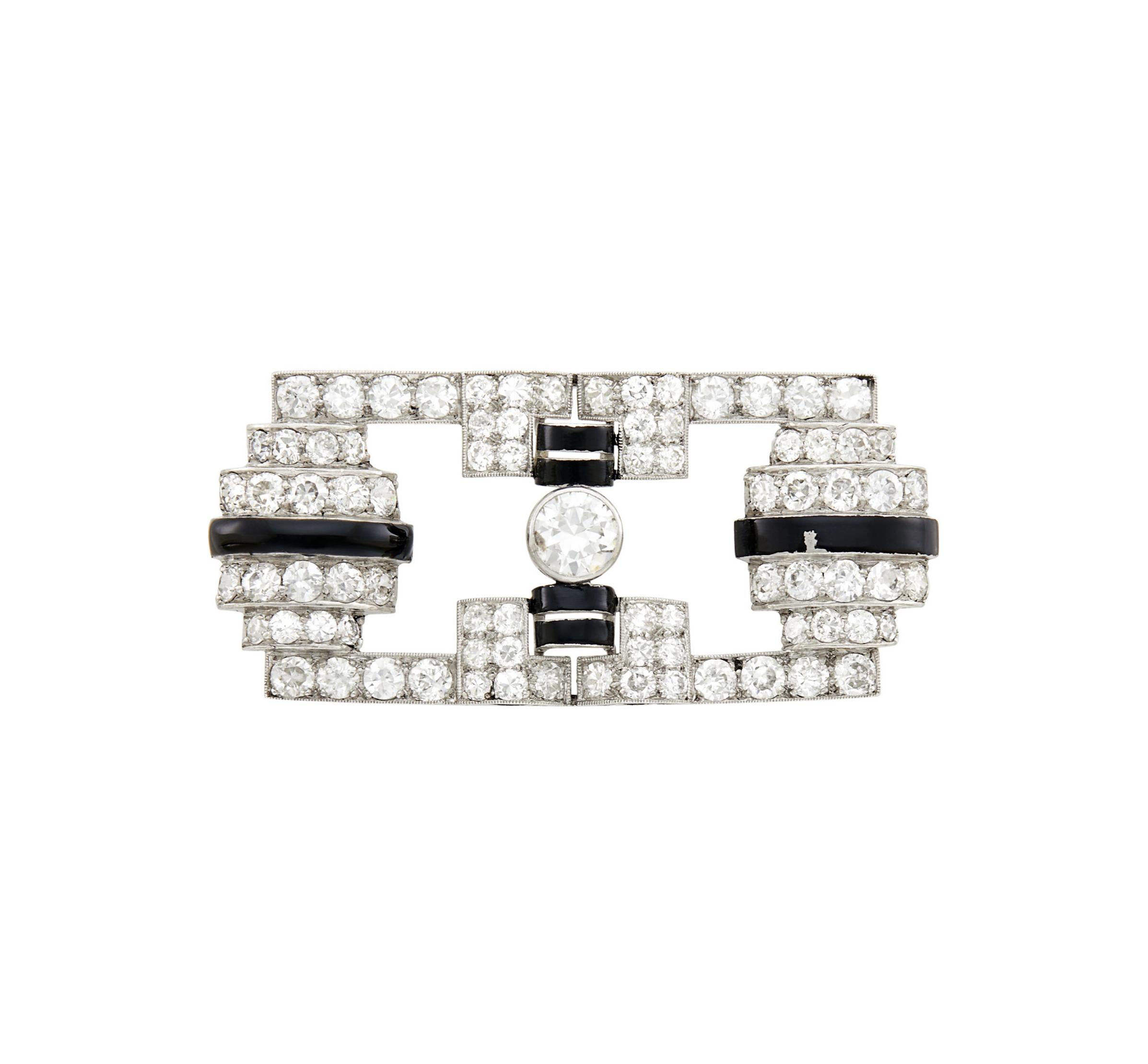 Platinum Diamond and Black Enamel Brooch
