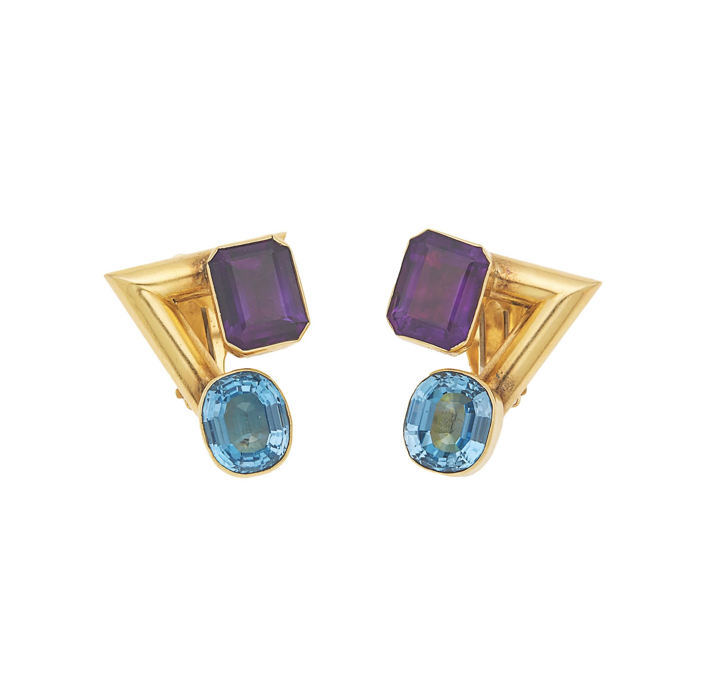 Pair of 14k Gold, Amethyst and Blue Topaz Earclips