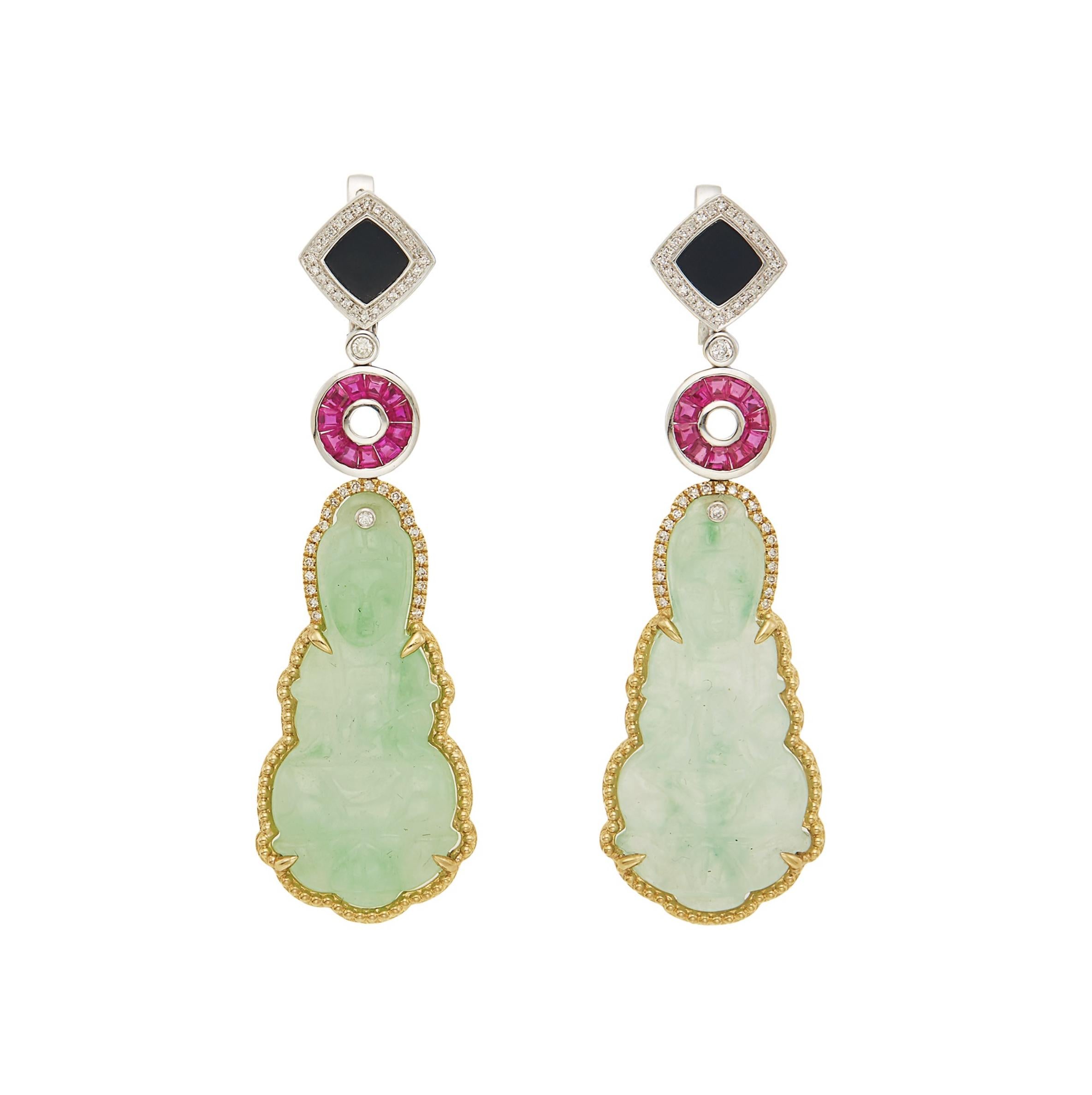 Pair of Carved Jade, Two-Color Gold, Ruby, Onyx, and Diamond Pendant Earrings