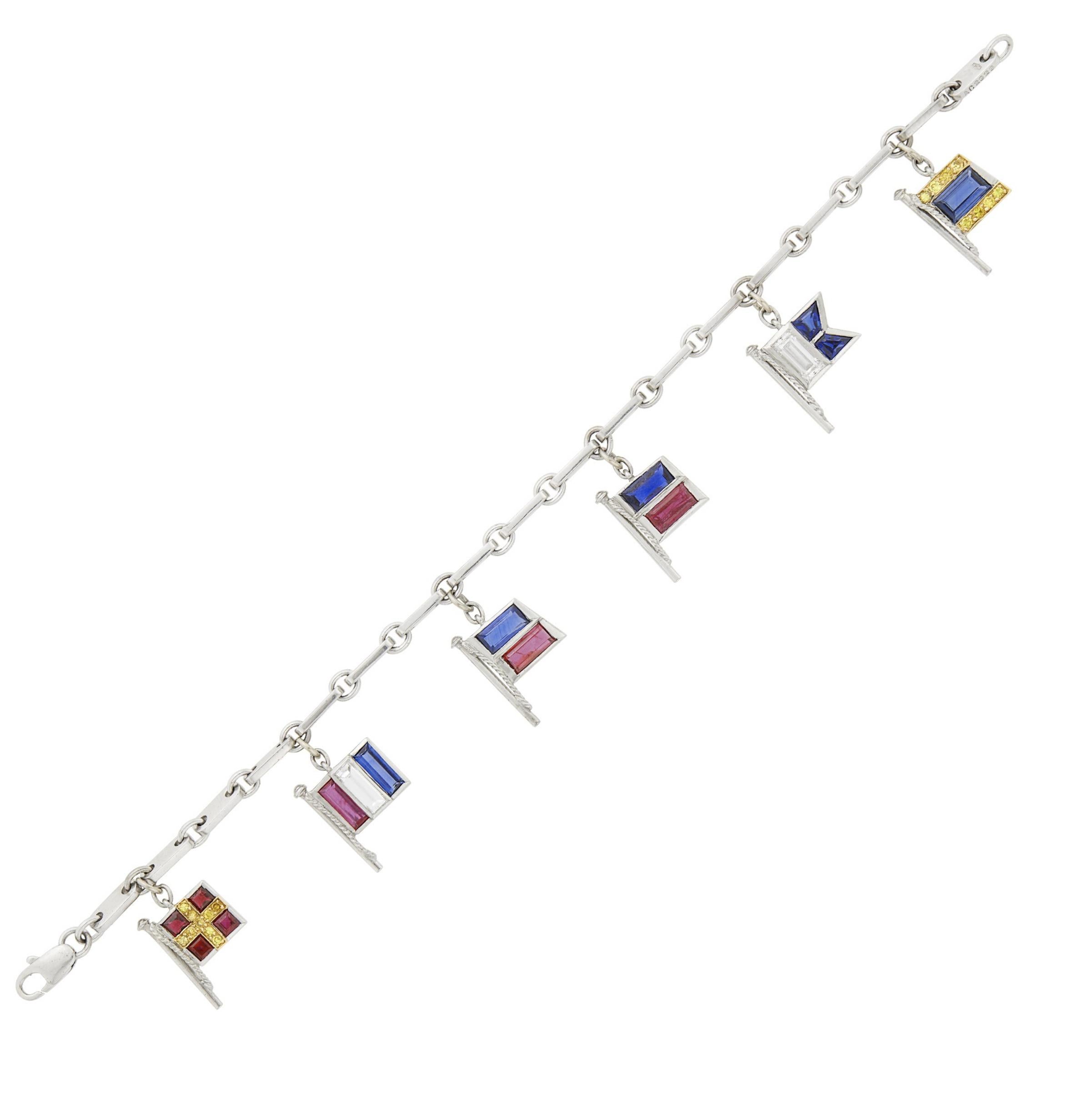 Cartier 18k White Gold Platinum Colored Stone Diamond Charm Bracelet
