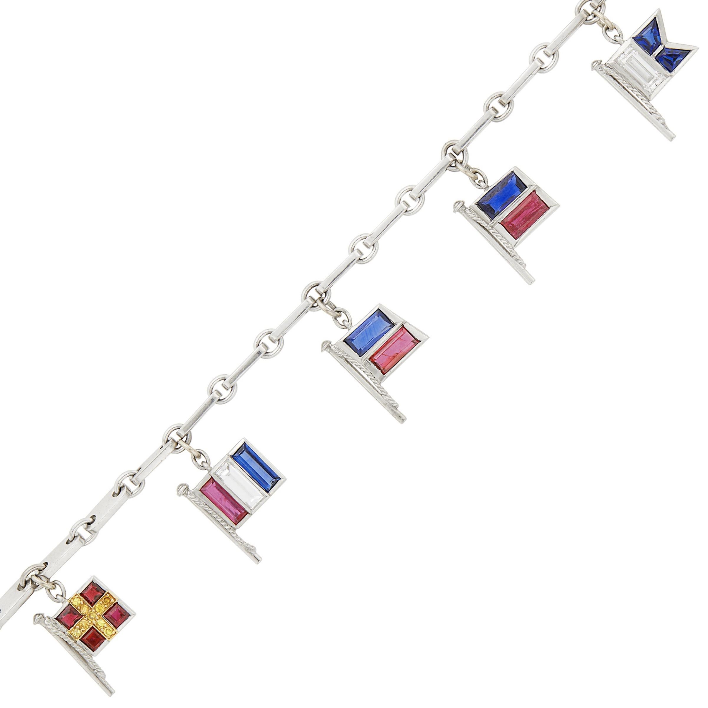 Cartier 18k White Gold Platinum Colored Stone Diamond Charm Bracelet