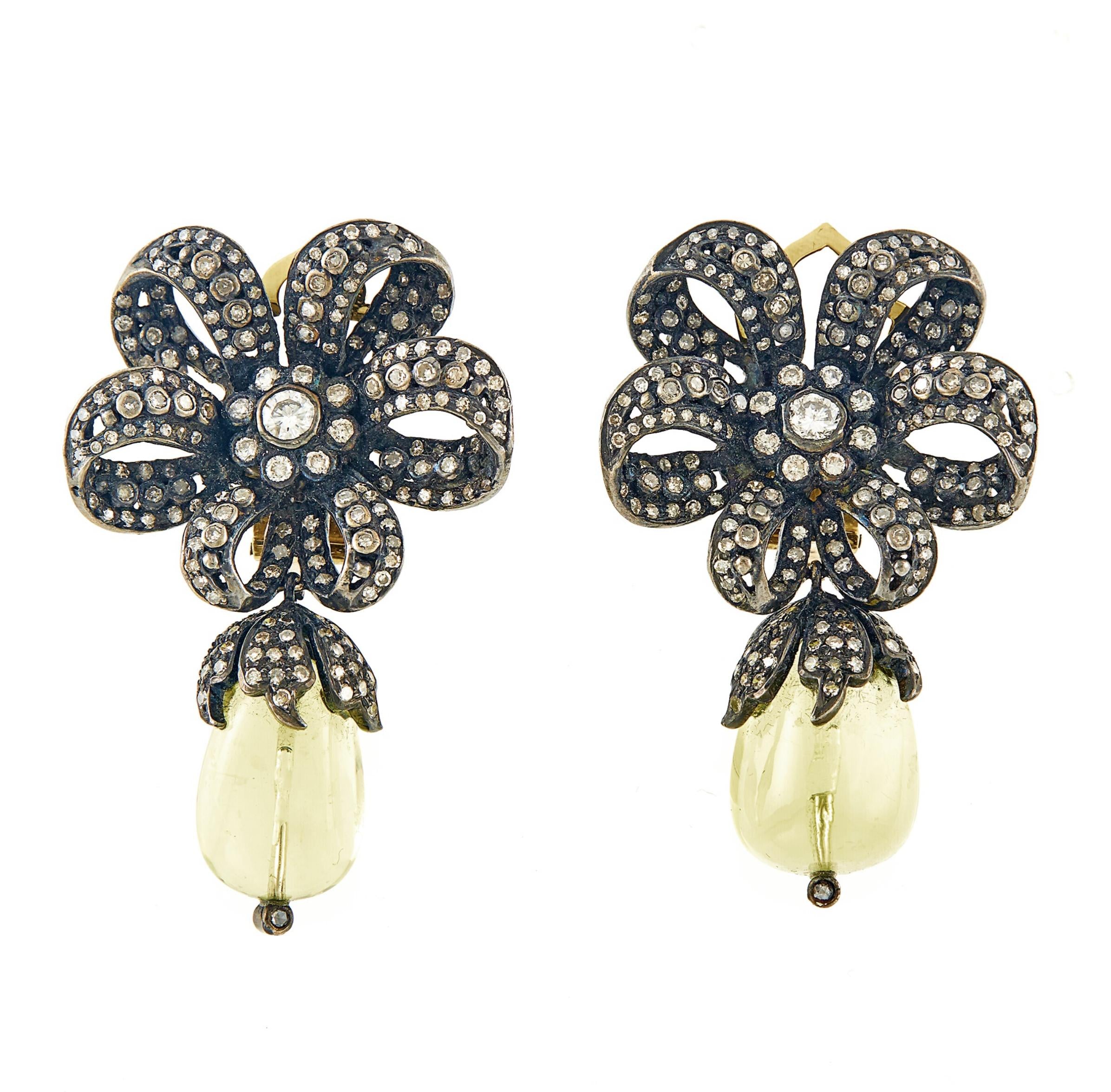 Pair of Yellow Quartz Bead, Silver, and Diamond Flower Pendant Earclips