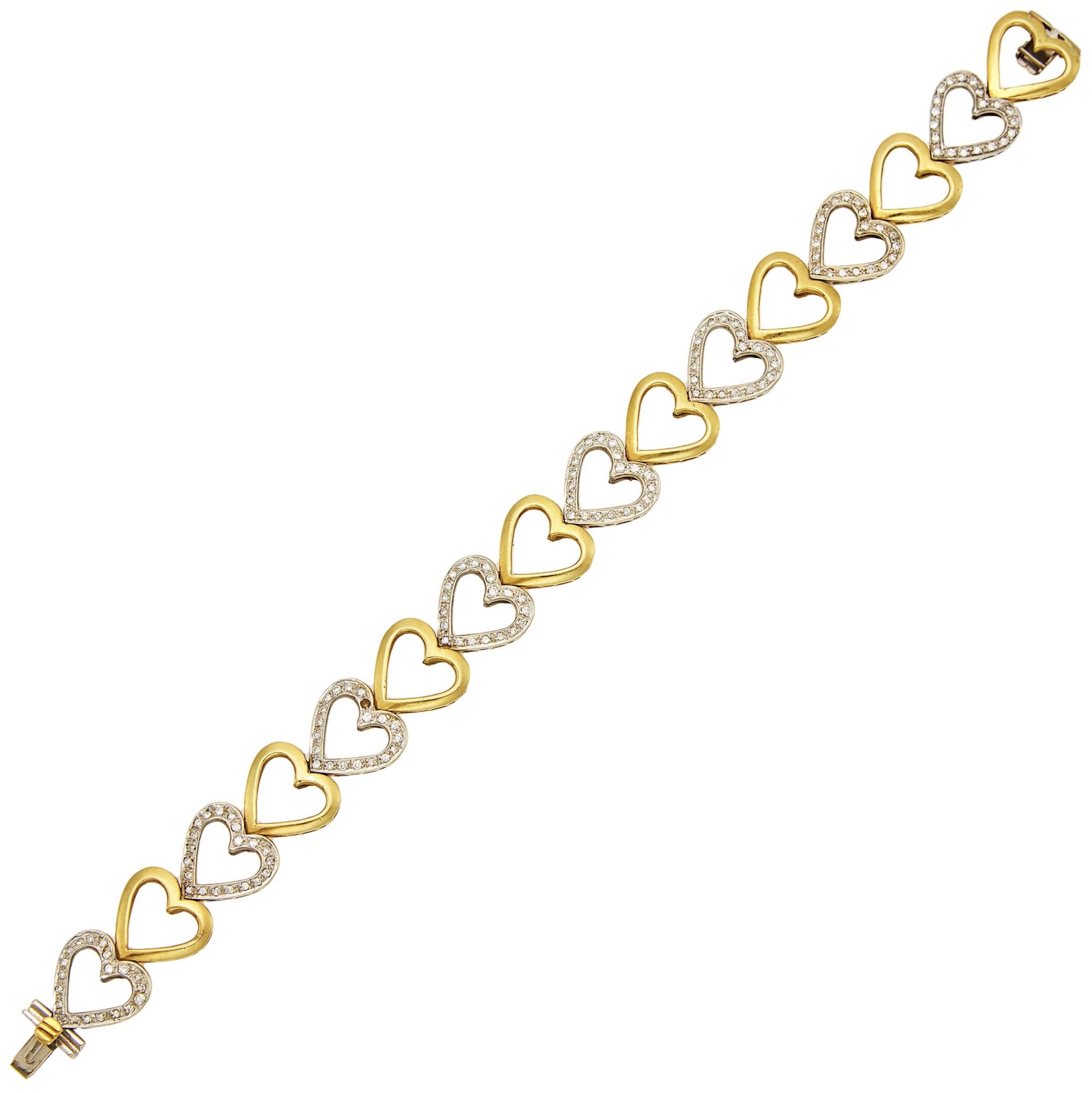 Yellow and White Gold Diamond Heart Link Bracelet