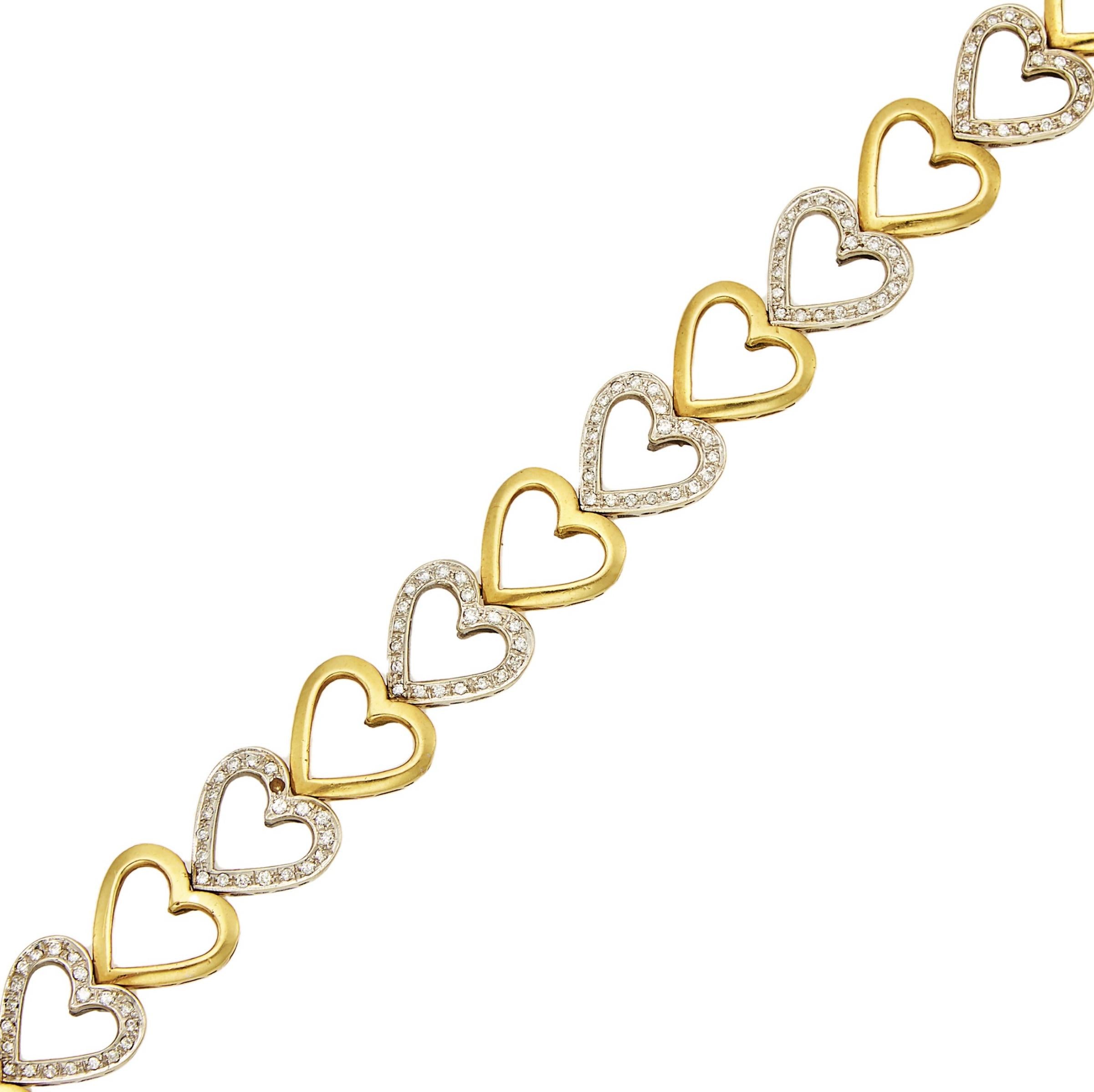 Yellow and White Gold Diamond Heart Link Bracelet