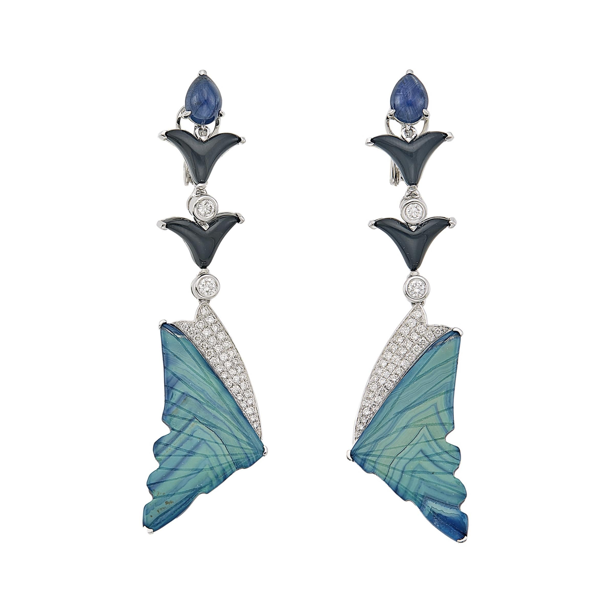 18k White Gold, Agate, Onyx, Sapphire and Diamond Butterfly Wing Earrings