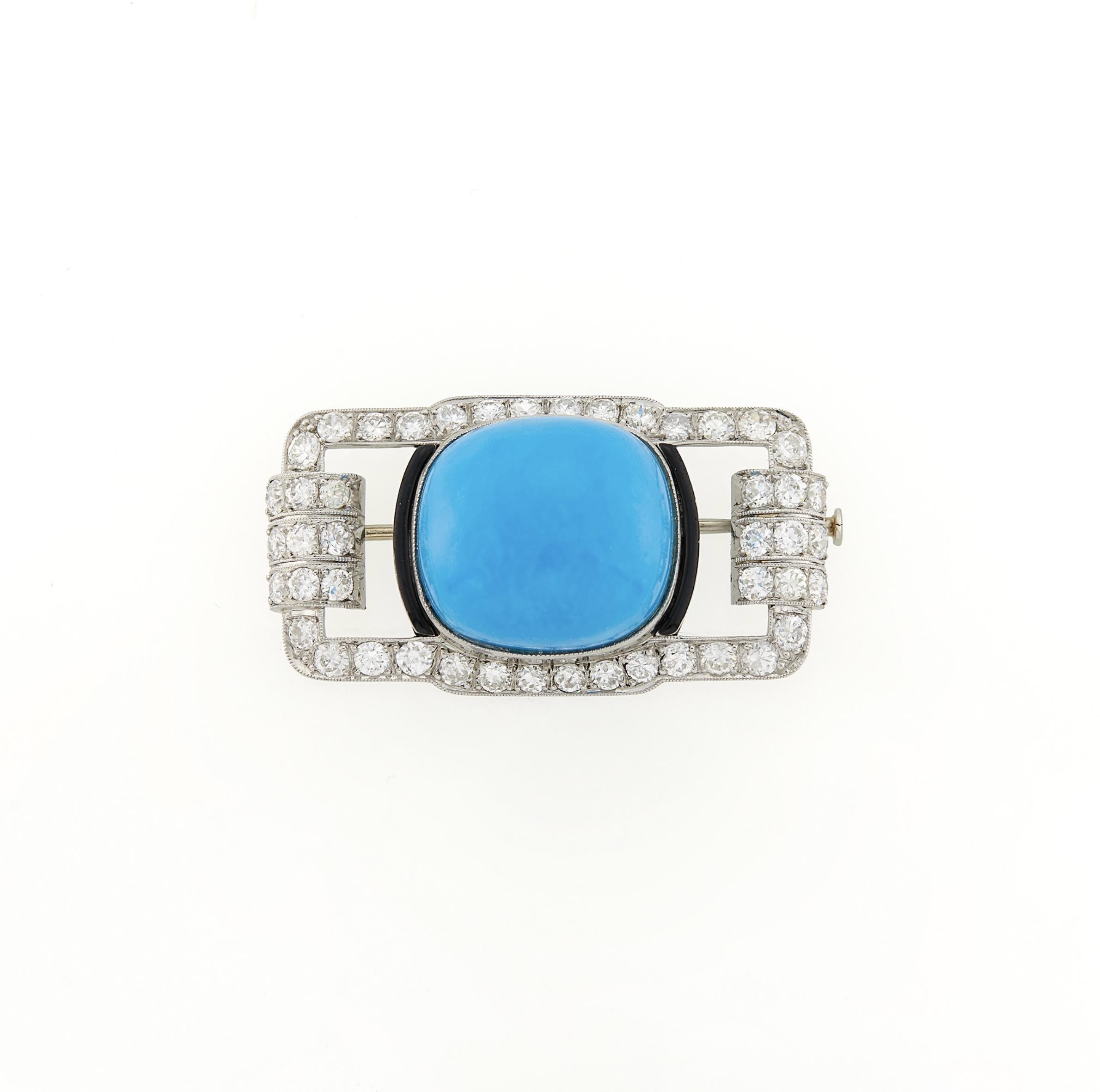 Platinum Turquoise Onyx and Diamond Brooch