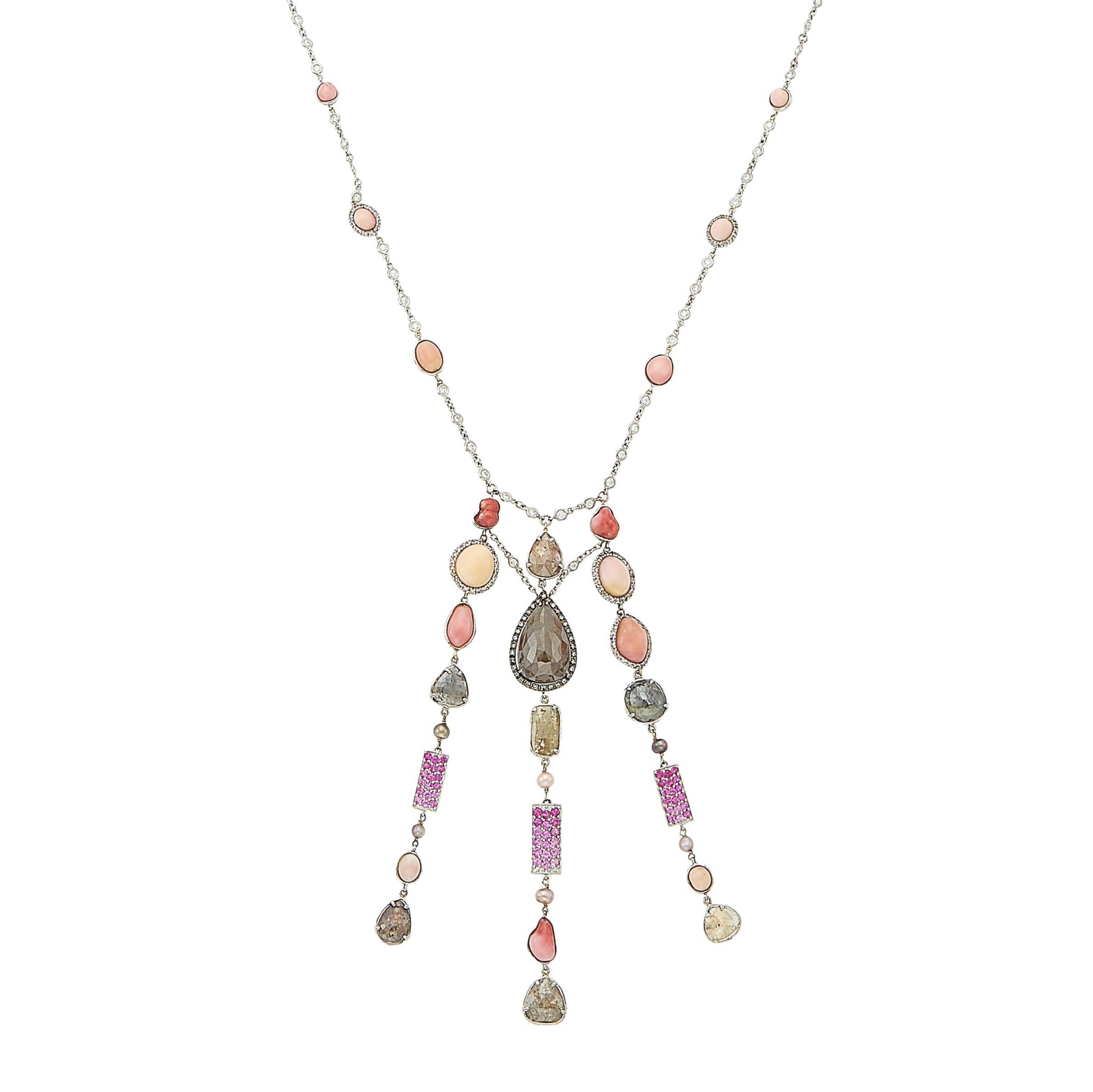 Long 18k White Gold, Diamond, Multicolored Pearl and Pink Sapphire Necklace