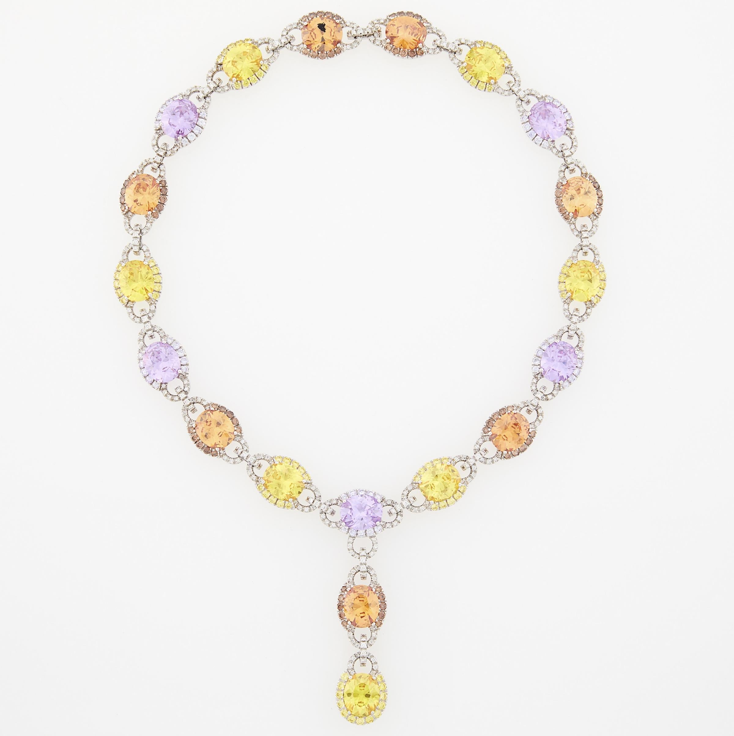 18k White Gold, Simulated Stone and Diamond Pendant Necklace
