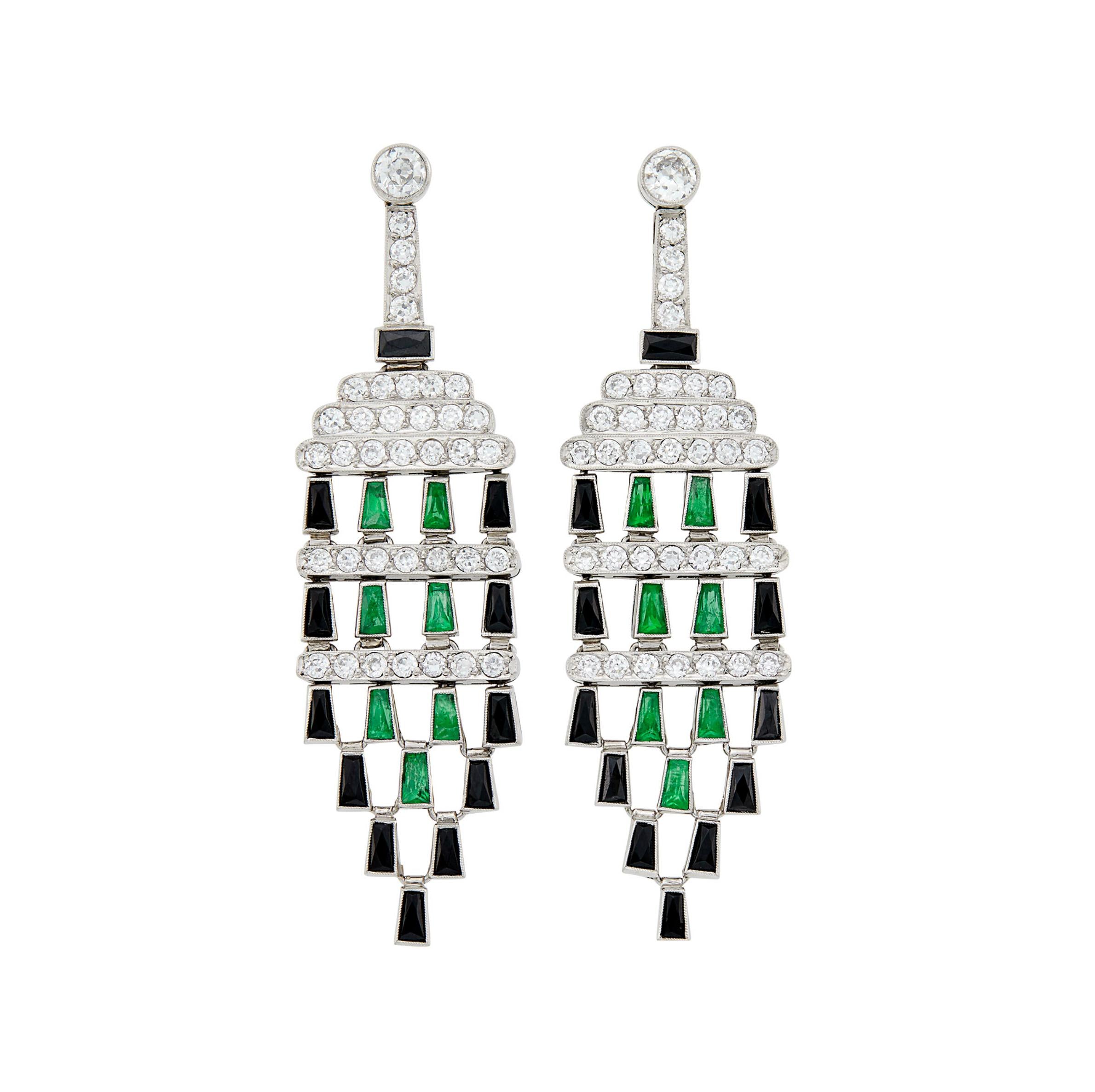 Pair of Platinum, Diamond, Emerald and Black Onyx Pendant-Earrings