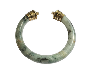 Antique Large AAA Jade & Pearl 18k Yellow Gold 3D Chinese Cuff Bangle Bracelet