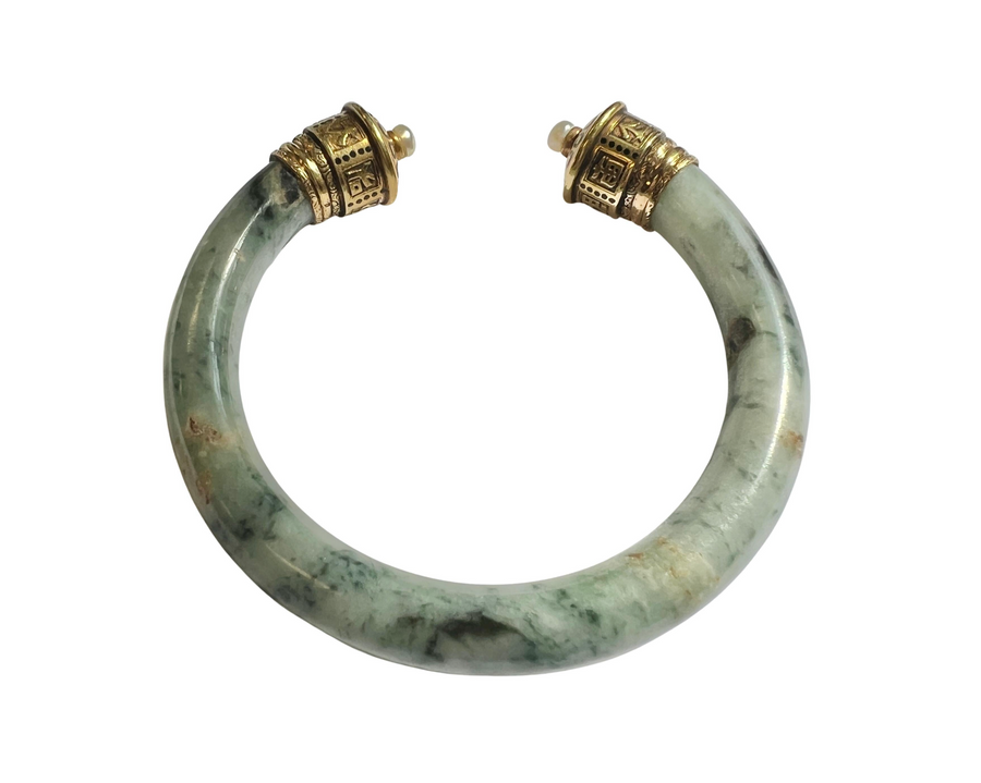 Antique Large AAA Jade & Pearl 18k Yellow Gold 3D Chinese Cuff Bangle Bracelet
