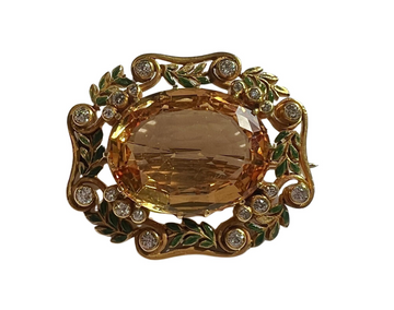Louis Comfort Tiffany Gold Topaz Diamond Enamel Brooch