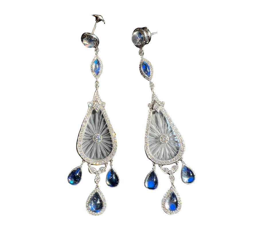 Fred Leighton Diamond Rock Crystal and Moonstone Chandelier Earrings
