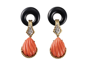 1980s Carved Coral Diamond Onyx Gold Drop Earrings