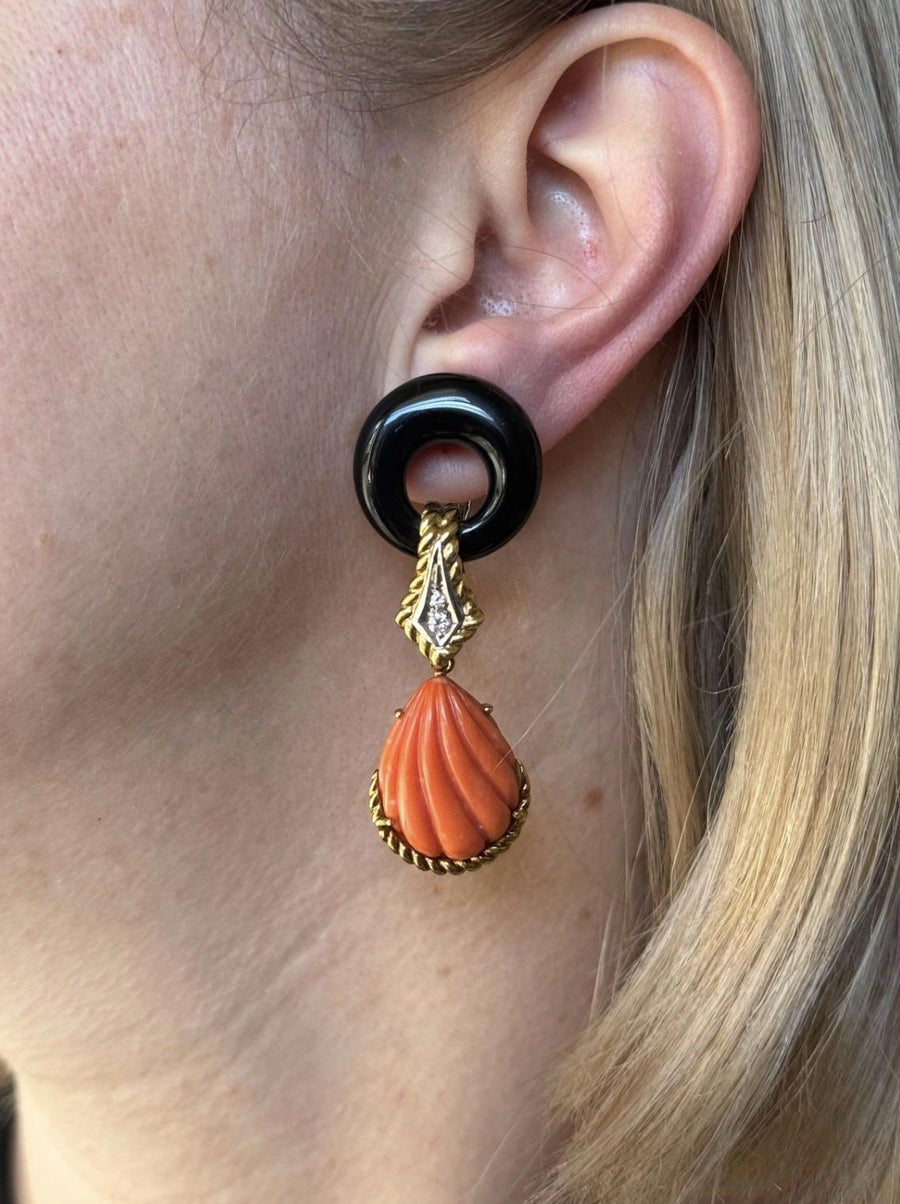 1980s Carved Coral Diamond Onyx Gold Drop Earrings