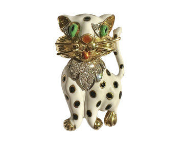 Adorable 18k Yellow Gold Enamel Diamond Cat Brooch