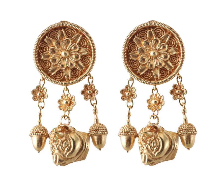 Lalaounis 22k Gold Greece Etruscan Revival Acorn Bull Earrings