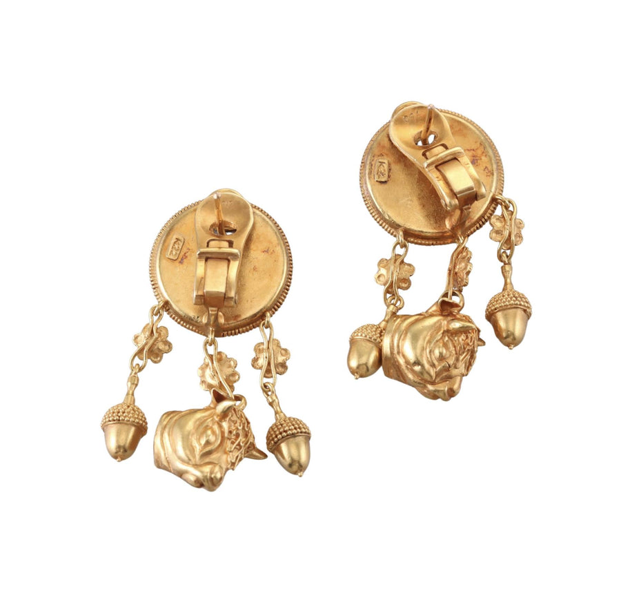 Lalaounis 22k Gold Greece Etruscan Revival Acorn Bull Earrings