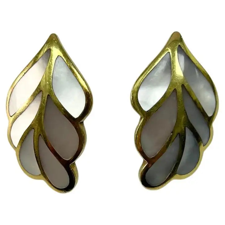 T&Co Mother Of Pearl Inlay 18k Yellow Gold Leaf Clip On Earrings