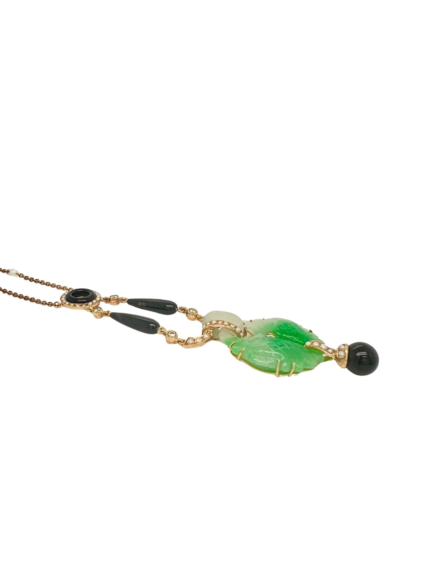 Victorian 18k Gold Jade Onyx Seed Pearls Pendant Necklace
