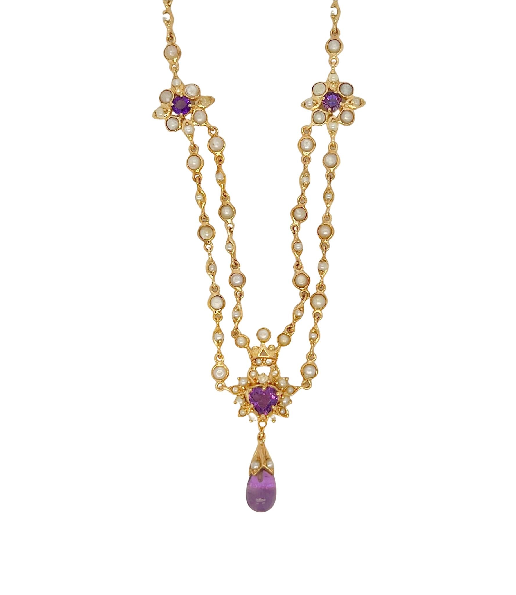 Victorian 18k Yellow Gold Amethyst Seed Pearl Necklace