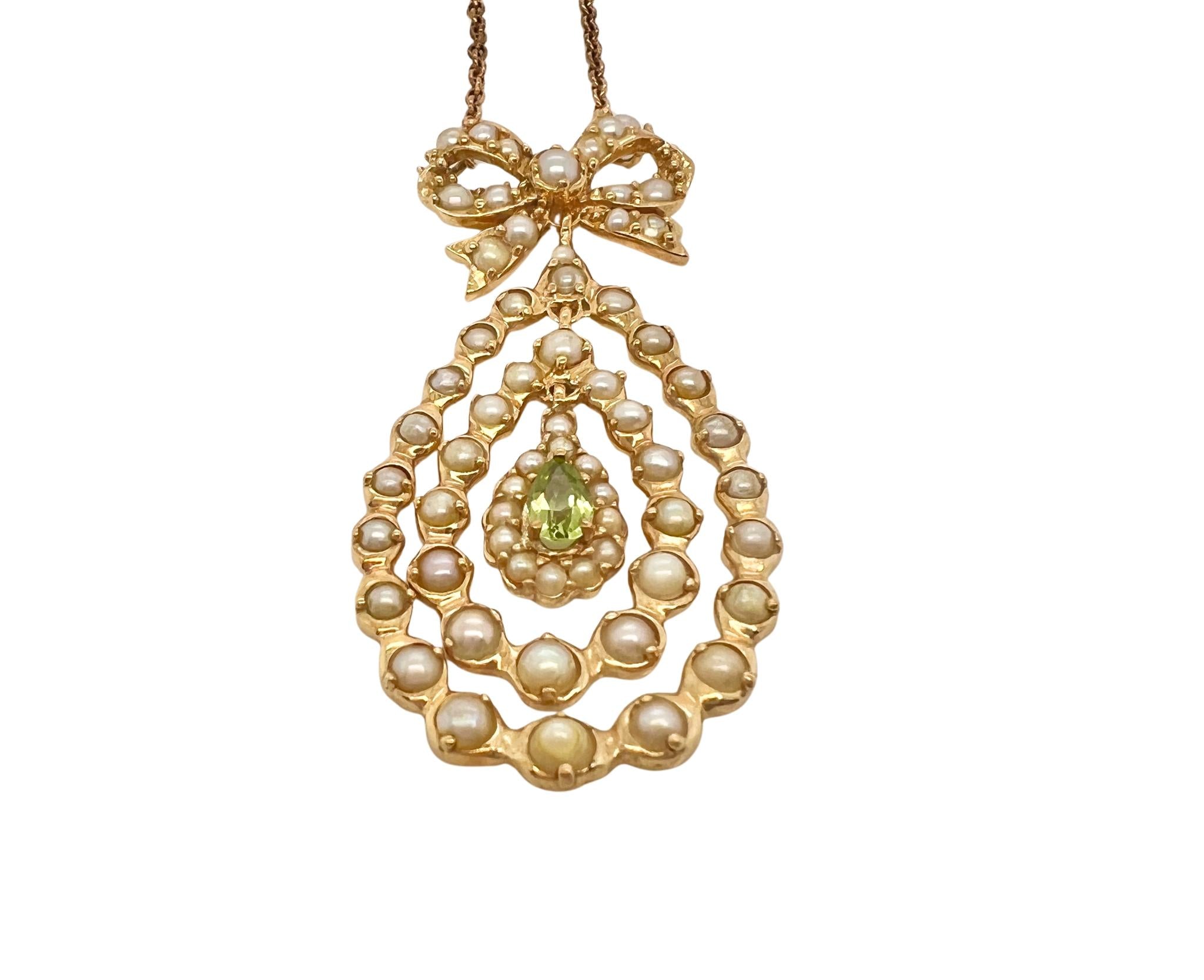 Victorian 18k Yellow Gold Emerald Seed Pearl Necklace