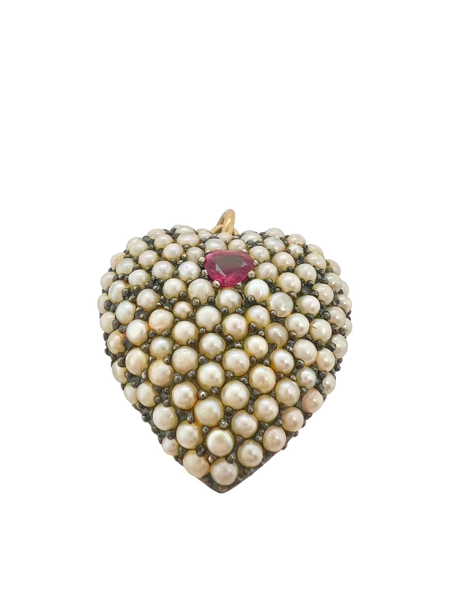 Victorian 18k Gold Ruby Pearls Heart Shaped Pendant