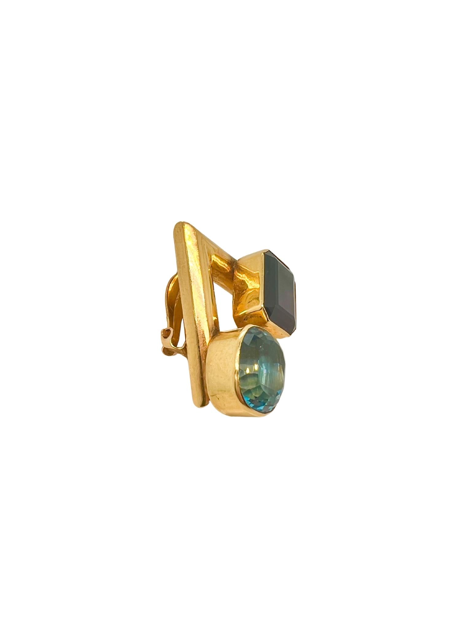 Pair of 14k Gold, Amethyst and Blue Topaz Earclips