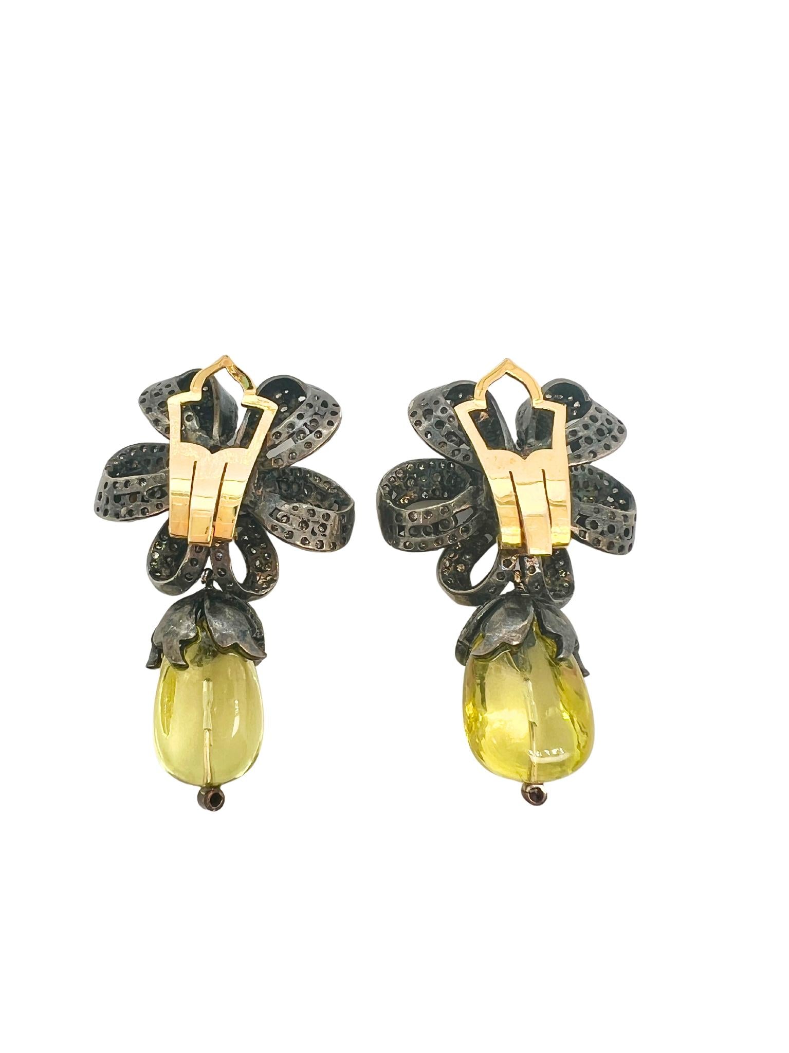 Pair of Yellow Quartz Bead, Silver, and Diamond Flower Pendant Earclips