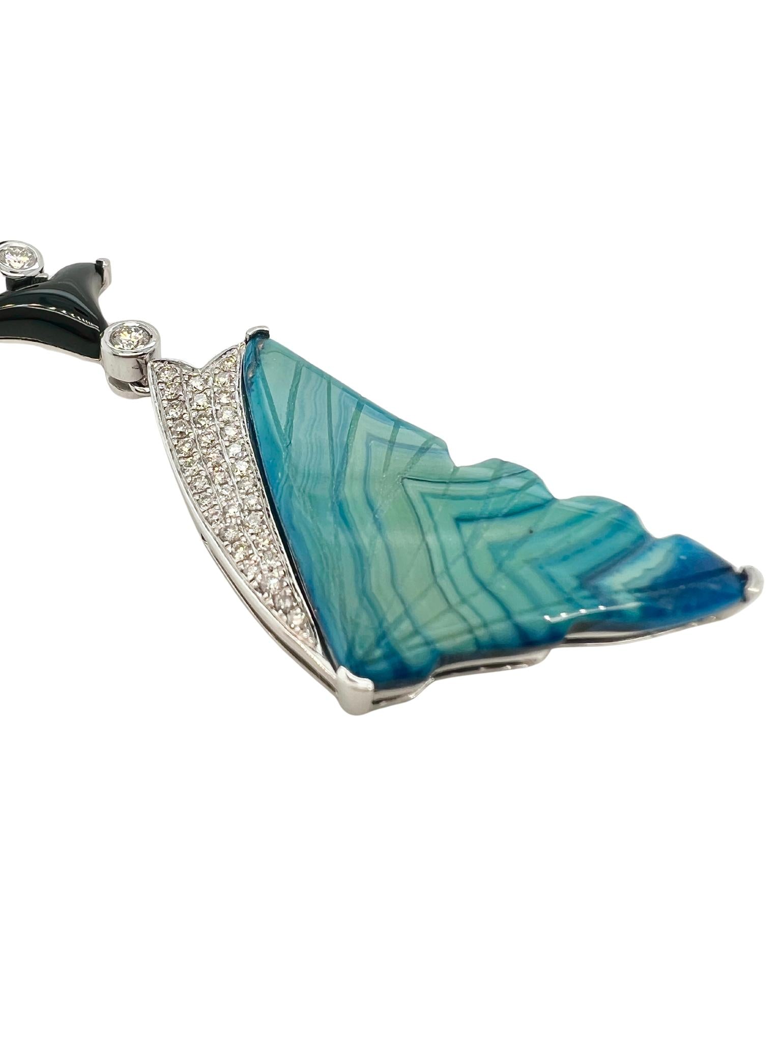 18k White Gold, Agate, Onyx, Sapphire and Diamond Butterfly Wing Earrings
