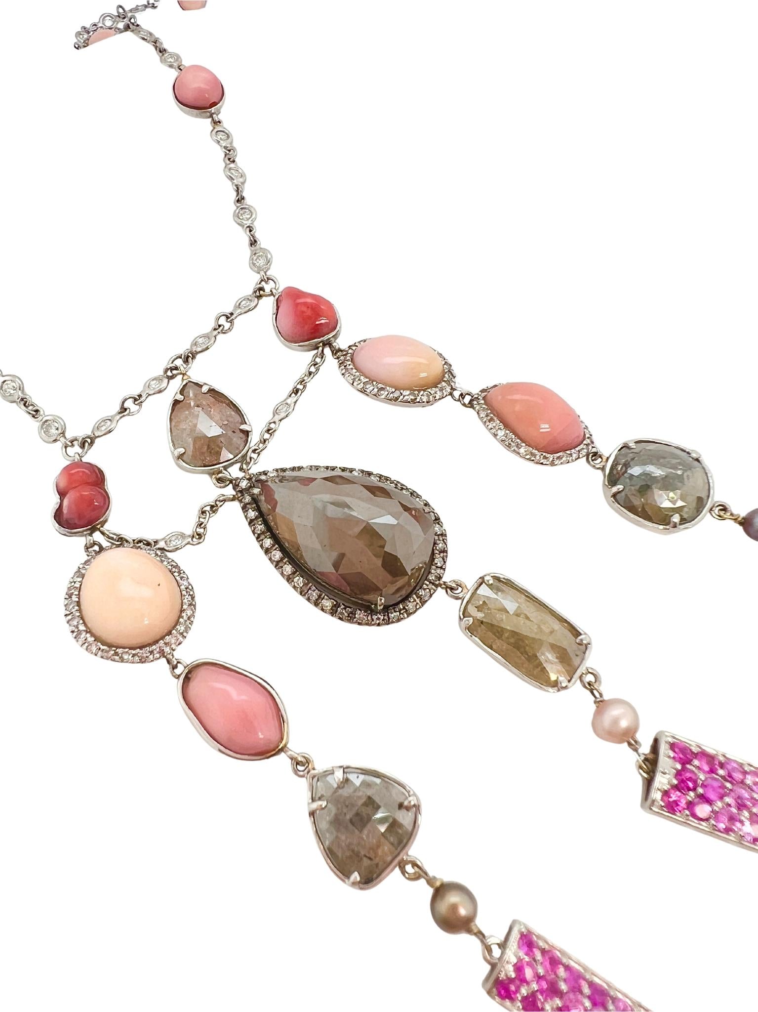 Long 18k White Gold, Diamond, Multicolored Pearl and Pink Sapphire Necklace