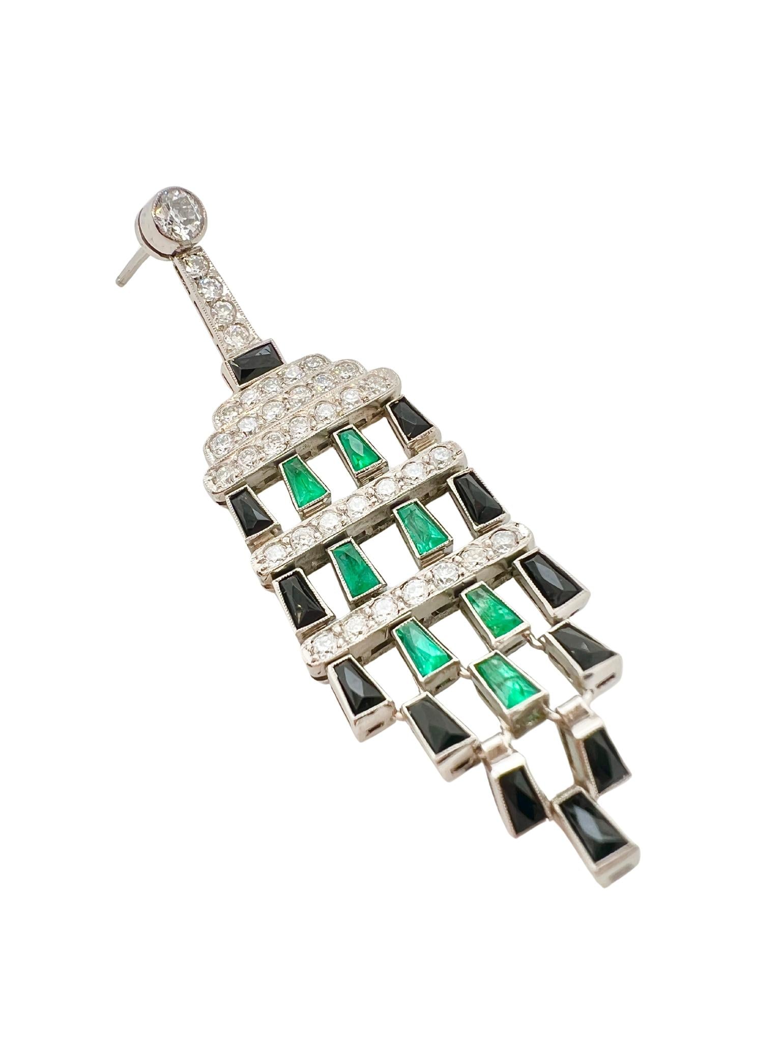 Pair of Platinum, Diamond, Emerald and Black Onyx Pendant-Earrings