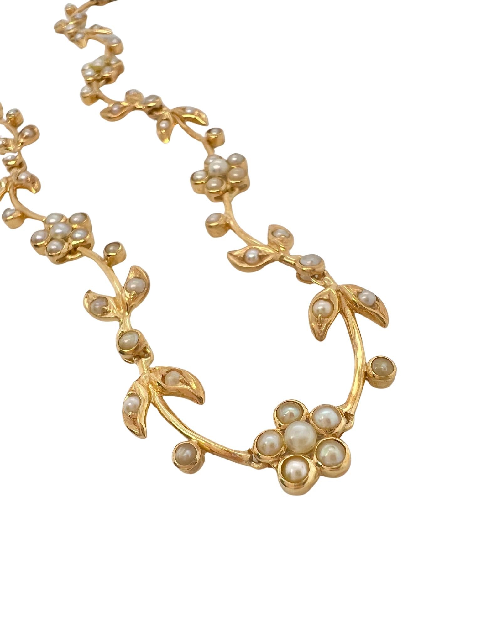 Victorian 18k Yellow Gold and Seed Pearls Flower Necklace
