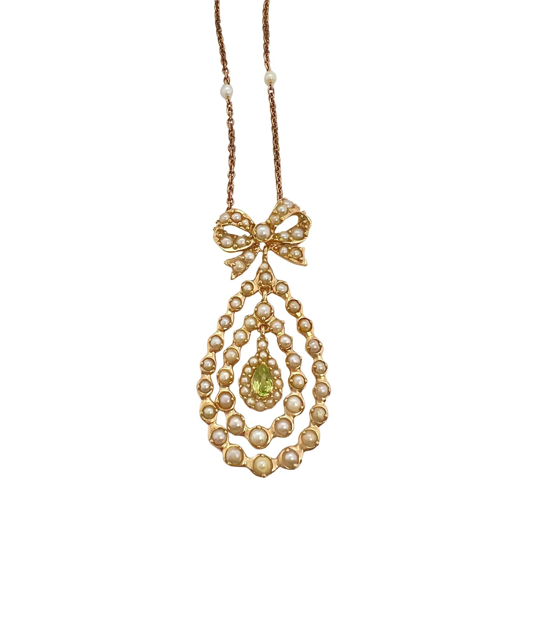 Victorian 18k Yellow Gold Emerald Seed Pearl Necklace