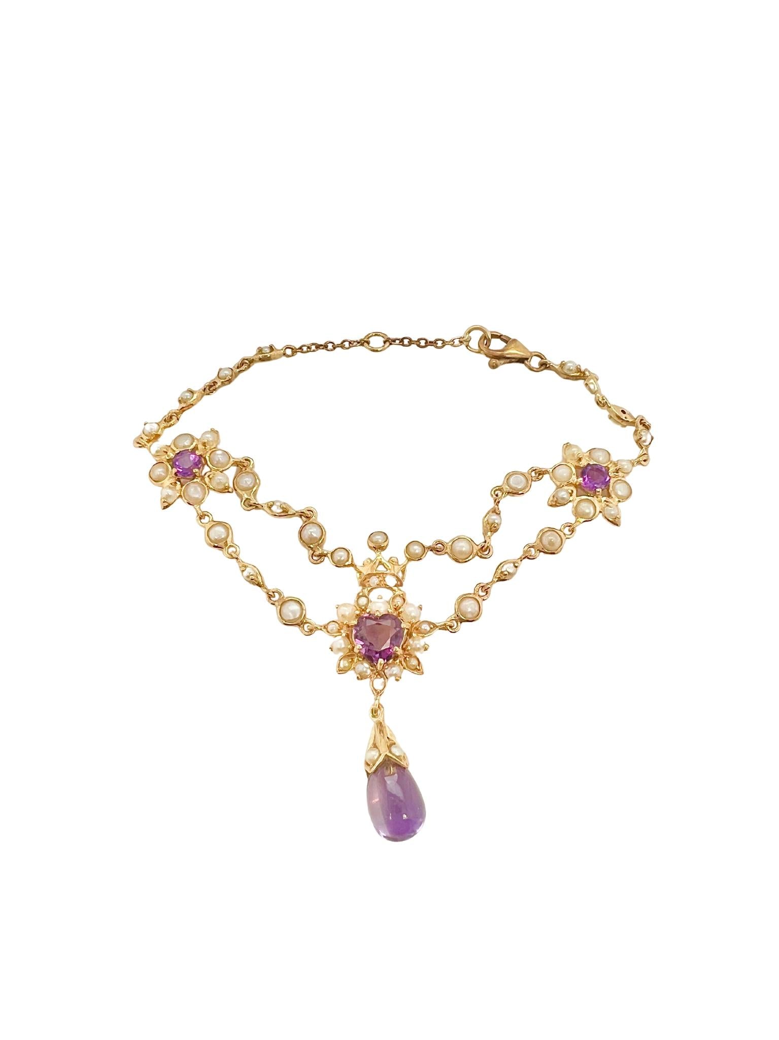 Victorian 18k Yellow Gold Amethyst Seed Pearl Bracelet